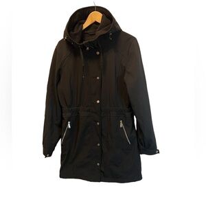 DKNY Black Lightweight Fleece Lined Hooded Zip Up Rain Fall Jacket Coat